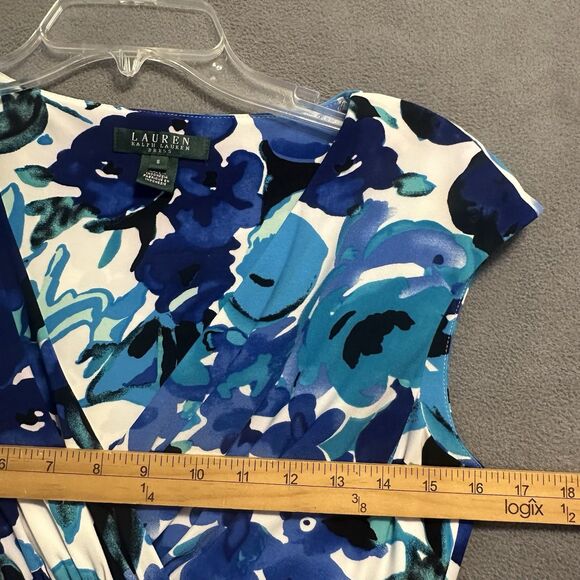 Lauren Ralph Lauren Ruched Faux Wrap Dress Size 6 Blue Floral Career Stretch - Picture 6 of 9